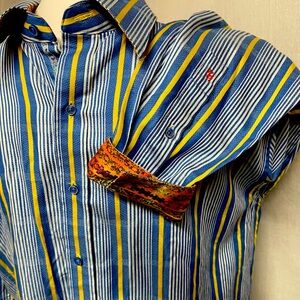 Robert Graham Blue Yellow Stripe Embroidered Long Sleeve Casual Shirt Mens XL